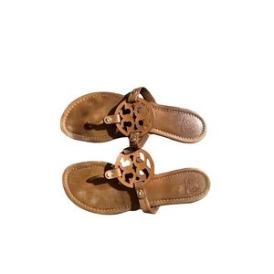 Tory Burch Miller Thong Sandals Tan Leather Logo Flat 10M